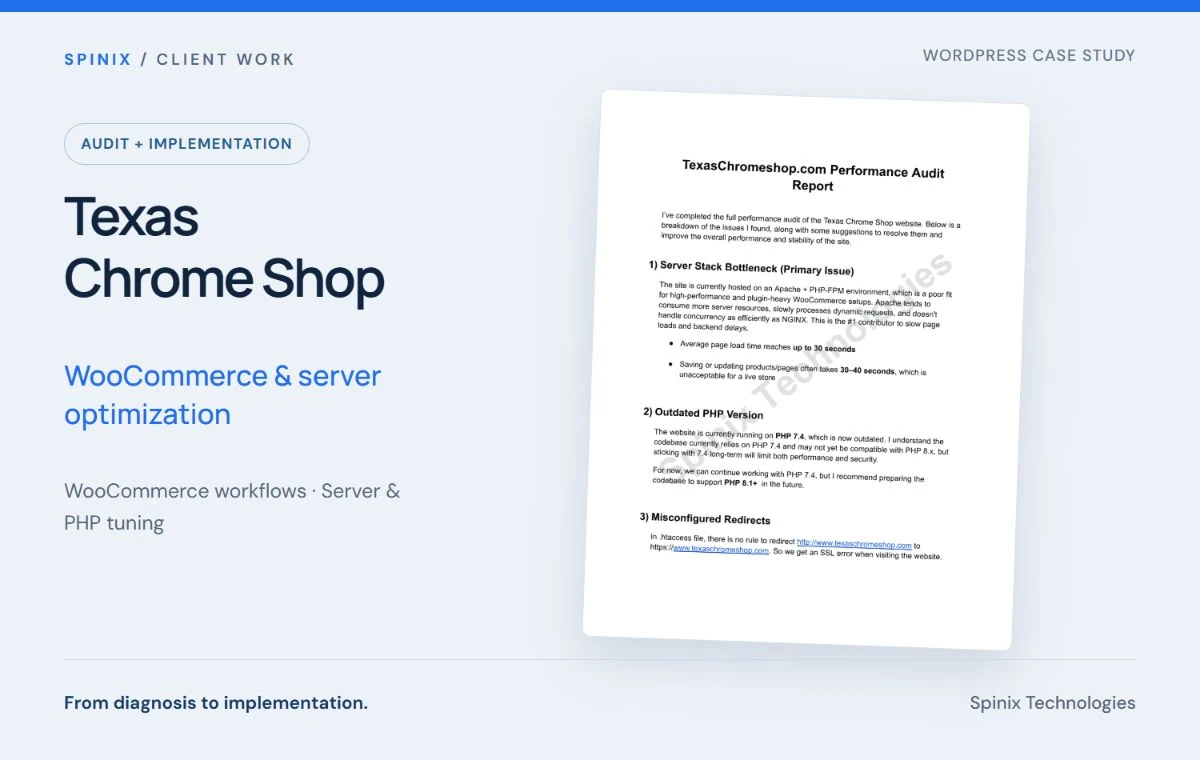 Texas Chrome Shop — WooCommerce & server optimization